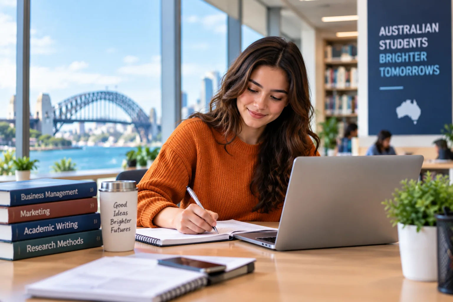 Australian university student studying coursework beside a laptop with Sydney Harbour in view